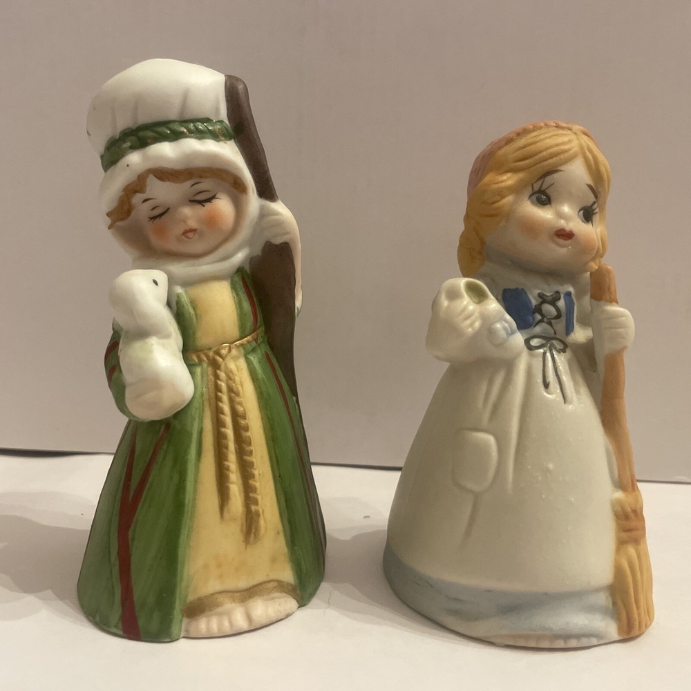 2 Vintage Jasco Bisque Merri-bells Shepherd Boy 4.5" & Cinderella‎ 3.75"